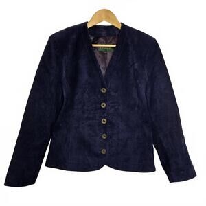 Danier Jacket Womens Medium Blue Suede Button Up V Neck Long Sleeve Waist Fall